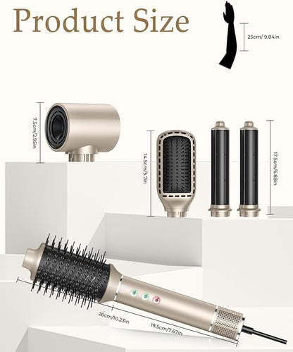 5 in 1 Hot air Blow Dryer Brush Hair Dryer Curling Wand Volumizing Brush Straightening Brush Blow Dryer Brush - Rapid Drying, Volume Boost, Ionic Smoothing, 110k RPM Motor（Champagne）