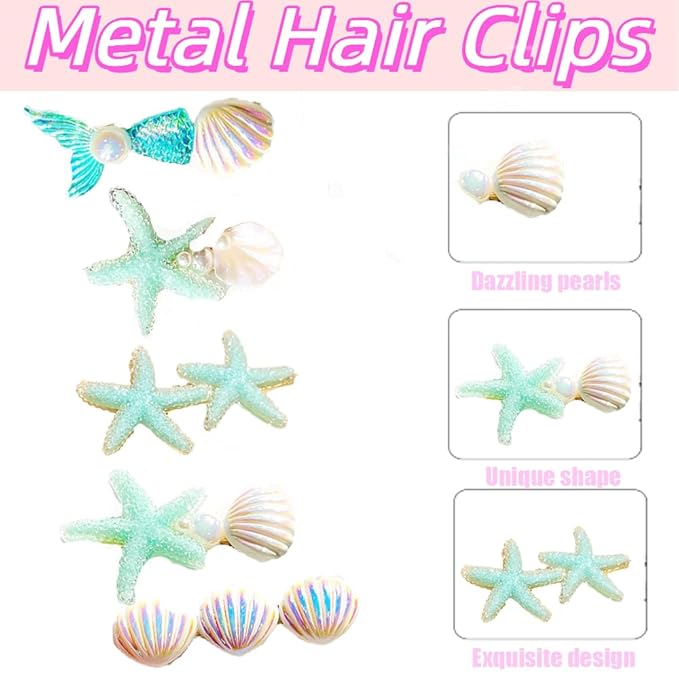 5 Pcs Starfish Seashell Hair Clips Mermaid Costume Pearl Beach Ocean Hair Accessories Women and Girls （Green）