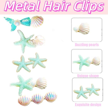 5 Pcs Starfish Seashell Hair Clips Mermaid Costume Pearl Beach Ocean Hair Accessories Women and Girls （Green）
