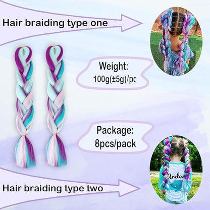 Ombre 4 Colors Mix Braiding Hair 8pcs Extensions Jumbo Hair Rainbow Color Colorful Twist Braid wigs Dreadlocks (Pink/Purple/Green/Blue/Light Cyan) (Lot 24Inch)