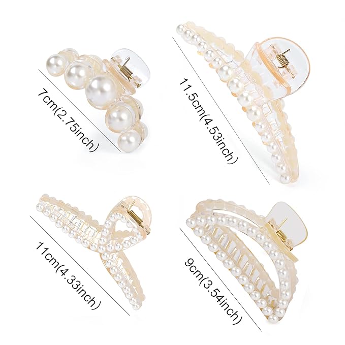 Mehayi 4 PCS Large Pearl Hair Claw Clips for Women Girls, Hair Barrette Clamps for Thick Thin Hair, Fashion Hair Accessories Headwear Styling Tools for Party Wedding