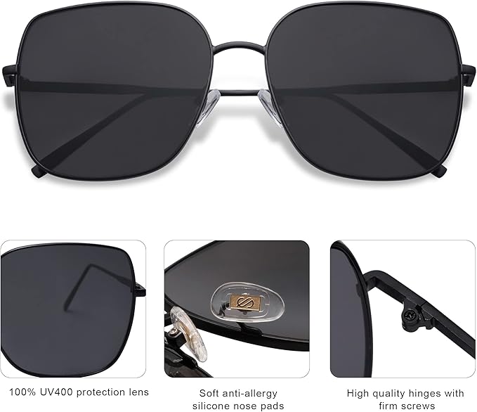 SOJOS Trendy Oversized Square Metal Frame Sunglasses for Women Men Retro Big Flat Lens UV Protection Sunglasses SJ1146