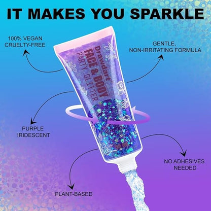 Purple Iridescent Face Body Glitter Gel,Sparkling Chunky Sequins Mermaid Face Body Hair Lip Nails Glitter Gel,Festival Glitter Rave Party Accessories 50ml
