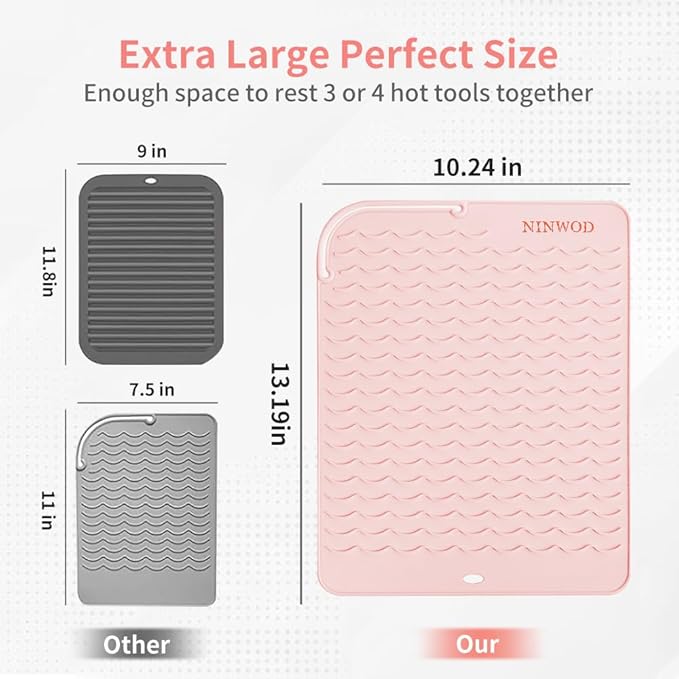 Oversize Large Silicone Heat Resistant Mat, 13.19" x 10.24" Professional Heat Mat for Curling Iron, Portable Vanity Decor Makeup Mat with Velcro Cover for Travel Vanity Salon (Pink)