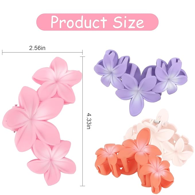 ANBALA 4PCS Flower Claw Hair Clips, Large Plumeria Hair Accessories for Women and Girls - Colorful Hawaiian Non-Slip Strong Hold Clips for Thick Hair