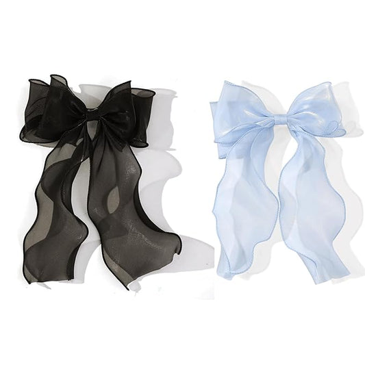 2PCS Large Blue Hair Bows, Chiffon Hair Ribbon Clips, Vintage Ribbon Bows Hair Clips, Oversized Hair Bow Barrettes for Women, Cute Long Tail Hair Bows Hair Styling Accessories