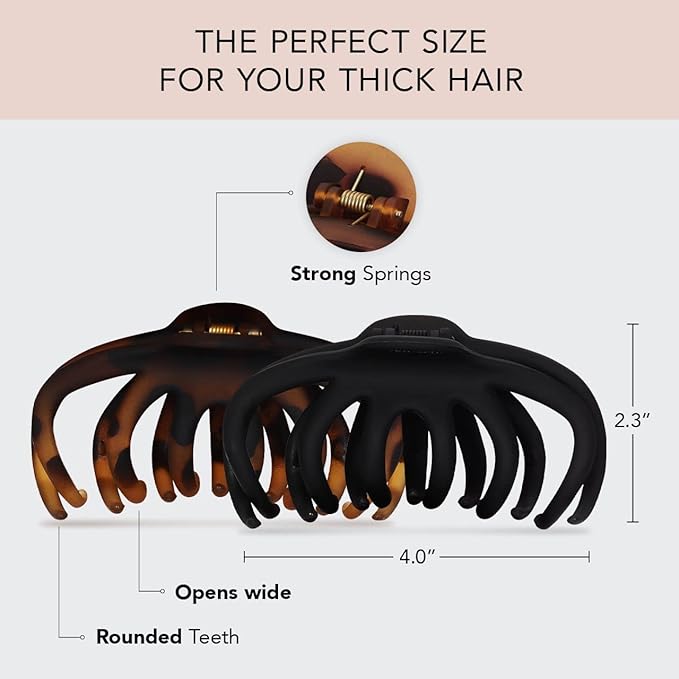Kitsch Octopus Claw Clips for Women - Cute & Stylish Hair Clips for Everyday Use, Octopus Claw Clip for Thick Hair - Black & Tortoise, 2pcs