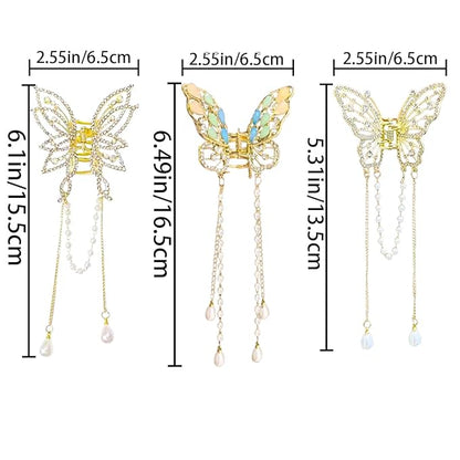 3 Pieces Butterfly Hair Claw Clip With Tassel and Rhinestone - Metal Non-Slip Hair Clamps - Exquisite Styling Accessories for Women and Girls