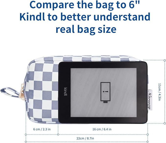 Narwey Checkered Makeup Bag Travel Cosmetic Bag Organizer Small Toiletry Bag Make Up Bags with Organzied Pockets for Women (Grayish Blue Checkerboard, Large)
