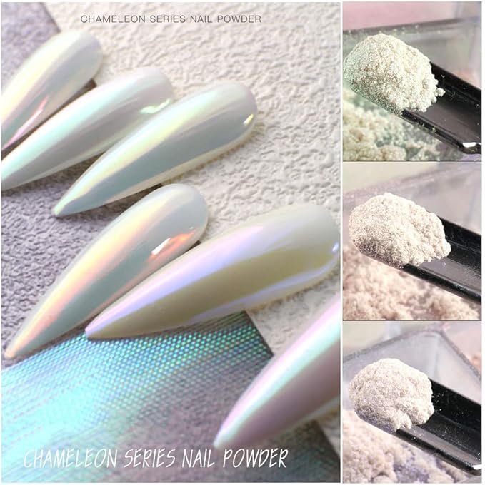 7 Colors White Pearl Chrome Nail Powder Aurora Metallic Nail Powder Holographic Mirror Effect Chrome Powder Iridescent Shell Powder Glitter Nail Art Pigment Manicure for Nails (White Pearl)