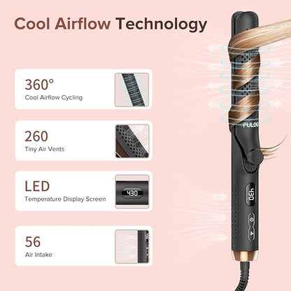 360° Airflow Styler Curling Iron, 1.25 Inch Hair Straightener and Curler 2 in 1, LED Display Curling Flat Iron with Cooling Air Vents to Lock in Style, Adjustable Temp Curling Wand (Black)