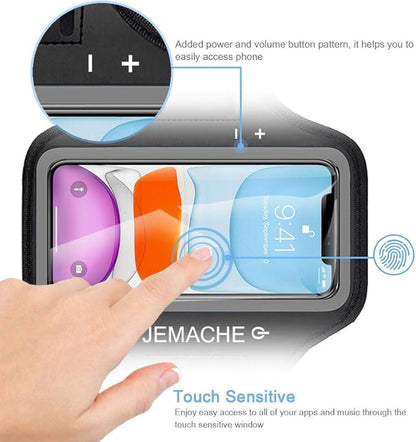 iPhone 16e 16 15 14 Armband, JEMACHE Water Resistant Gym Running Workouts Arm Band for iPhone 16e 16 15 14 13 12 11 Pro (Black)