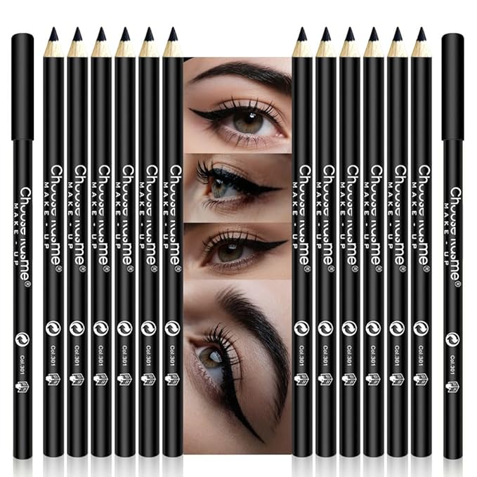 12 Pcs Black Eyeliner Penicls Eyebrow Set for Women, Highly Pigmented, Easy to Color, Long Lasting,Professional Eye Makeup Pencil, Soft & Smooth (12Pcs-Smooth Creamy Black Pencil)