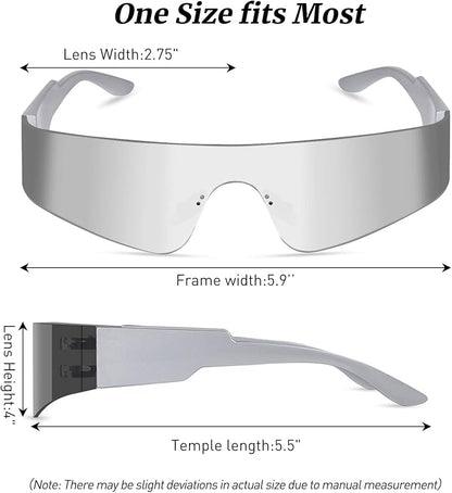 Futuristic Wrap Around Fashion Sunglasses Y2K Silver Trendy Rimless Glasses Cyberpunk Eyewear Women Men Rave Party