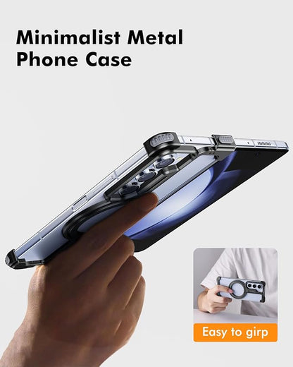 OATSBASF for Samsung Galaxy Z Fold 5 Bumper Case, with Kickstand 360° Rotatable Magnetic Stand Case, Minimalist Phone Case for Galaxy Z Fold 5, Frameless Metal Case, Black