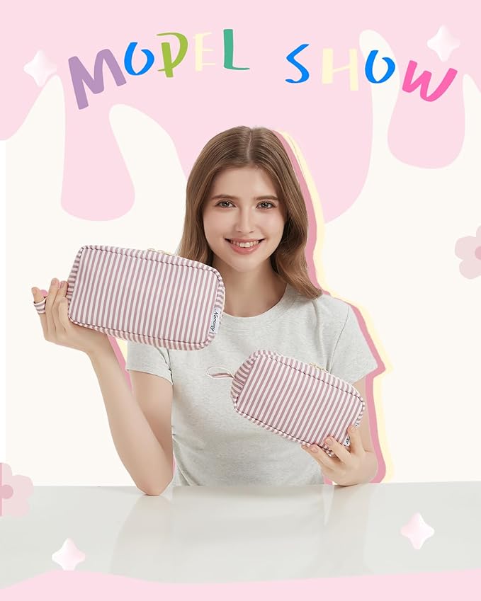 Narwey Small Makeup Bag for Purse Travel Makeup Pouch Mini Cosmetic Bag Zipper Pouch for Women (Dusty Rose Stripe, Small)