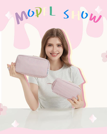 Narwey Small Makeup Bag for Purse Travel Makeup Pouch Mini Cosmetic Bag Zipper Pouch for Women (Dusty Rose Stripe, Small)