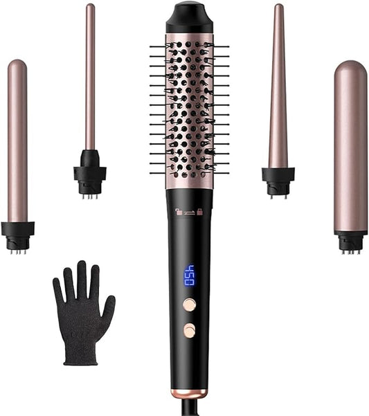 5 in 1 Curling Wand Set, Waver Curling Iron with Curling Brush and 4 Interchangeable Ceramic Curling Wand (0.35”-1.25”) for Women, Fast Heat Up Hair Curler Include Heat Protective Glove