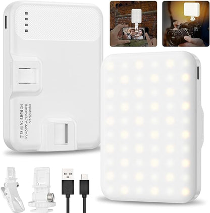 Selfie Light, LED Camera Light Video Lights 60 LED 2200mAh Rechargeable Phone Light 7 Modes, 10-Level Brightness, Portable Clip on Light for Phone/Tablet/Laptop White