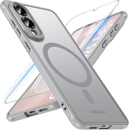 OWKEY for Samsung Galaxy S25 Edge Case 6.65'',Magnetic S25 Edge Case for Magsafe with Tempered Glass Screen, [Shockproof Military] Translucent Back Slim Bumper Cover Phone Case Galaxy s25 Edge,Gray