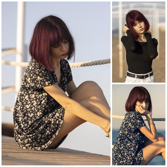 Onpep Bob Wig with Bangs Wine Red Short Straight Wigs for Women Burgundy Shoulder Length Heat Resistant Synthetic Wigs