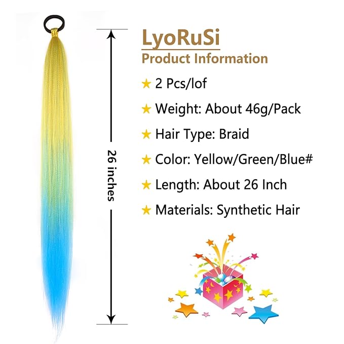 2 Pack Ponytail Extension with Elastic Tie Straight Sleek Wrap Around Braid Ponytail Yellow Blue Gradient 26 Inch (Yellow/Blue#)