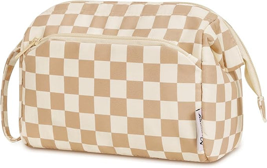 Narwey Large Checkered Makeup Bag Women Wide-open Make up Bag Travel Cosmetic Bag Organizer Toiletry Bag for Cosmetics Toiletries Accessories (Light Checkerboard)
