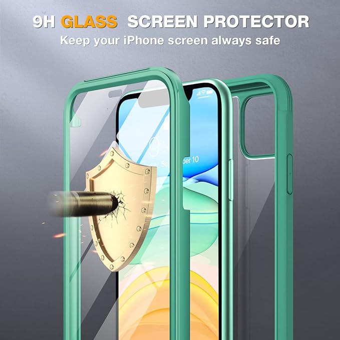 Miracase Glass Series Designed for iPhone 11 Case [2023 Upgraded] Full-Body Rugged Bumper Case with Built-in 9H Tempered Glass Screen Protector and Camera Protector (Light Green)