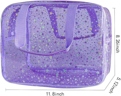 12”X5“X8” Portable 8L Purple Clear Makeup Bag Twinkle Star Toiletry Bag Waterproof Cosmetic Bag With Zipper & Handle for Concert Sports Events Travel Commuting Beach Essential