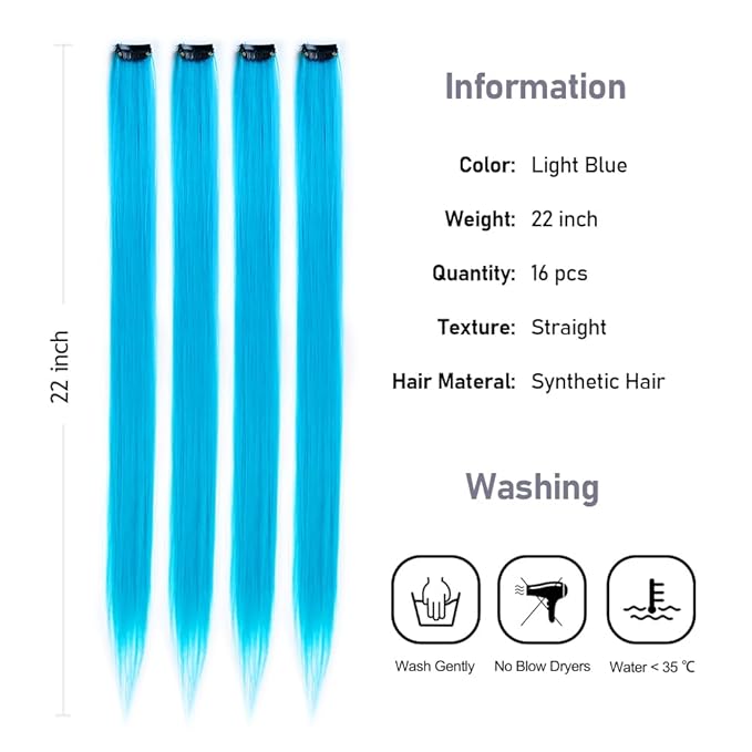 16Pcs Light Blue Clip in Hair Extensions Straight Synthetic Highlights Colored Party Hairpieces for Women Girls Festival Daily Outfits Used 20 inch(Light Blue)
