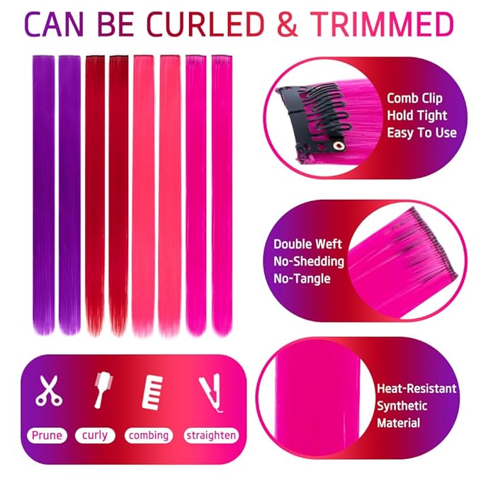 20 Pcs Colored Clip in Hair Extensions 20 Inch Long Straight Party Highlights Synthetic Hairpieces for Women Kids Girls(Red, Rose Red, Pink, Purple)