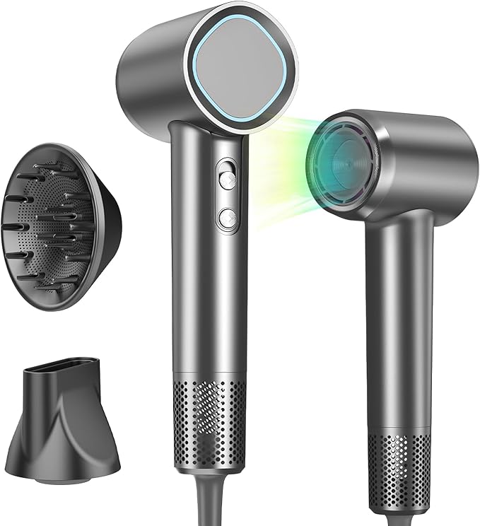 Hair Dryer, 160000 RPM High-Speed Brushless Motor with 500 Million Negative Ions, Professional Ionic Blow Dryer with Magnetic Diffuser & Nozzle,Lightweight for Home Travel Salon(Gray)