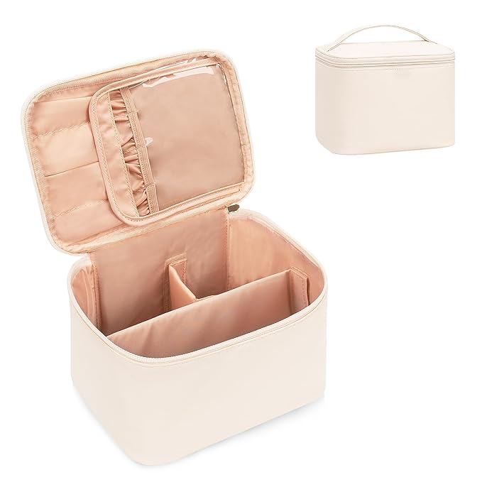OCHEAL Makeup Bag, Large Capacity Make Up Bag for Cosmetics Vertical Storage,Toiletry Bag for Skincare Makeup Organizer Bag for Travel,With Makeup Brushes Compartments & Dividers -Beige
