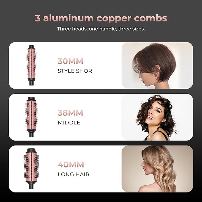 3 in 1 Thermal Round Brush Thermal Curling Brush, Negative Ion Curling, Straightening Volumizing Hair Tool Digital Temperature Display Interchangeable Heads for All Hair Types