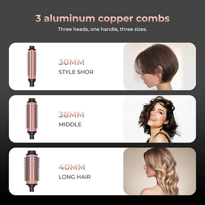 3 in 1 Thermal Round Brush Thermal Curling Brush, Negative Ion Curling, Straightening Volumizing Hair Tool Digital Temperature Display Interchangeable Heads for All Hair Types