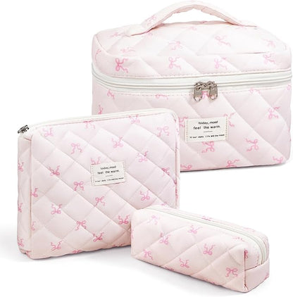 3 Piece Cute Pink Bow Quilted Makeup Bag Set, Large Capacity Travel Makeup Bags for Women and Girls, Includes Small, Medium, and Extra Large aesthetic makeup&Cosmetic Bags (3PCS-Pink SlimBow)