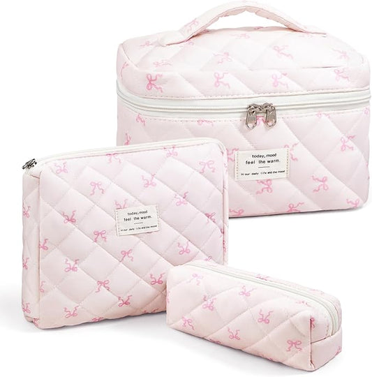 3 Piece Cute Pink Bow Quilted Makeup Bag Set, Large Capacity Travel Makeup Bags for Women and Girls, Includes Small, Medium, and Extra Large aesthetic makeup&Cosmetic Bags (3PCS-Pink SlimBow)