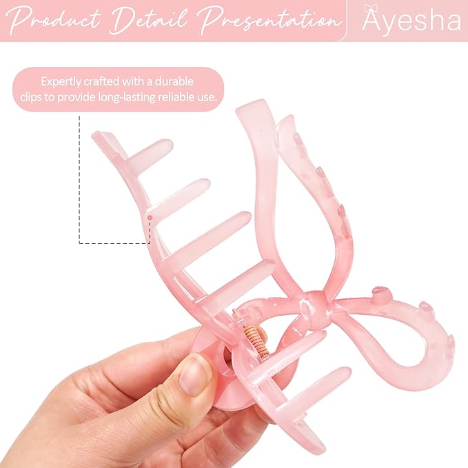 Ayesha Bows Claw Clips - 2 Colors Ribbon Coquette Clips for Thick Hair and Girls, Including Pink