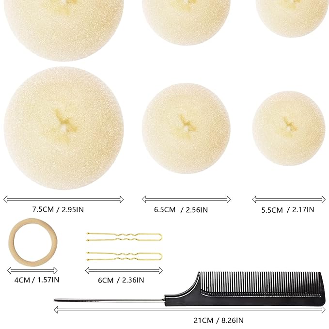 Hair Bun Maker Set (37pcs), Includes 2 Large, 2 Medium, 2 Small Donut Bun Makers, 10 Elastic Hair Ties, 20 Bobby Pins, 1 Comb (Beige)