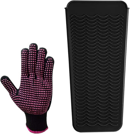 Heat Resistant Silicone Mat and Glove Set for Hair Straighteners and Flat Irons - 11" x 6" Mat, 8.7" x 5.2" Bump Glove, Black