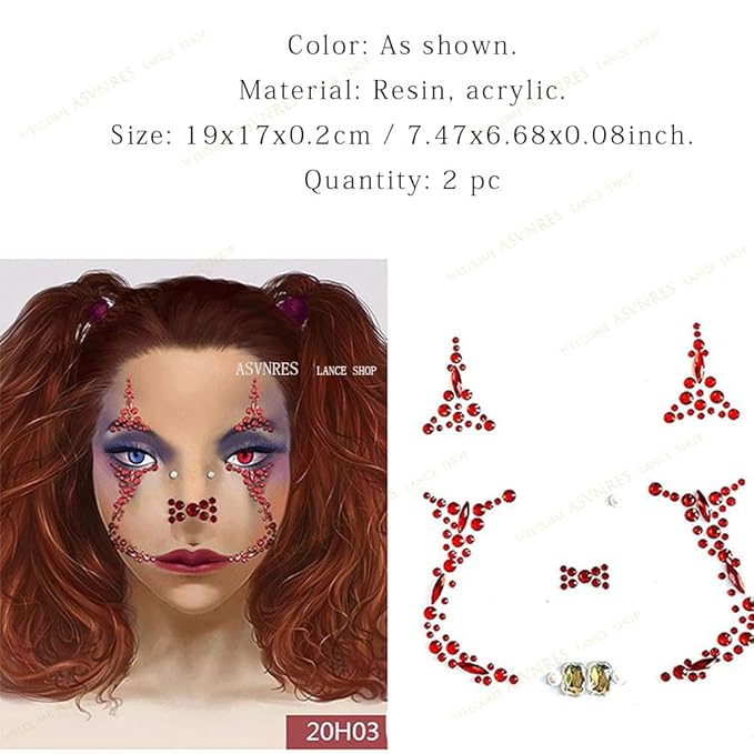 1 Pieces Face Gems Jewels Tattoos for Halloween, Day of the Dead Face Temporary Skull Tattoos Rhinestone Crystal Stones Body Gems Makeup Stickers for Halloween Festival Rave Party Outfit
