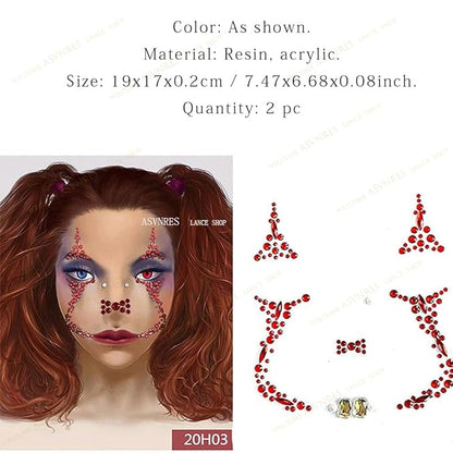 1 Pieces Face Gems Jewels Tattoos for Halloween, Day of the Dead Face Temporary Skull Tattoos Rhinestone Crystal Stones Body Gems Makeup Stickers for Halloween Festival Rave Party Outfit