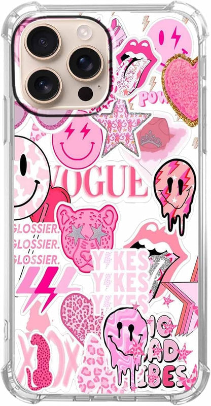 Case for iPhone 16 Pro Max with Pink Design,Aesthetic Hippie Indie Popular Elements Pattern,Shockproof Soft TPU Bumper Phone Cover(16pm,Pink)