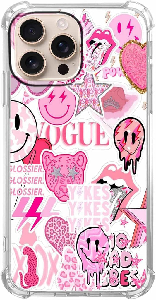 Case for iPhone 16 Pro Max with Pink Design,Aesthetic Hippie Indie Popular Elements Pattern,Shockproof Soft TPU Bumper Phone Cover(16pm,Pink)