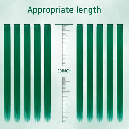 20 Inch Colored Hair Extensions, Party Highlights Straight Colorful Clip In Hair Extensions, Synthetic Rainbow Hairpieces for Girls Kids Gift(10Pcs Green)