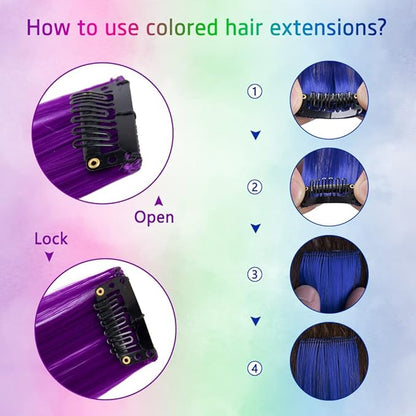 20 Packs Colored Hair Extensions 20Inch Straight Multi-5Colors Party Highlights Clip In Hair Extension Synthetic Rainbow Hairpieces for Girls Kids Gift(Blue,Dark blue,Grass Green,Purple,Rose Red)