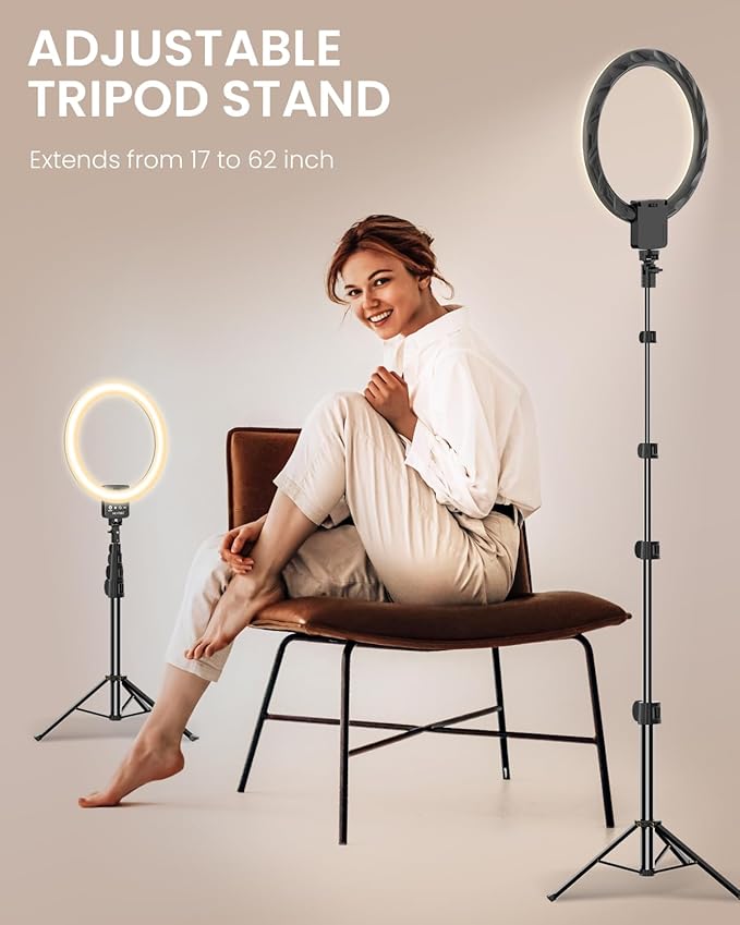 12'' Ring Light with 62'' Extendable Tripod Stand, Selfie Ring Light with Stand and 2 Phone Holder for Live Stream/Makeup/YouTube/TikTok, Compatible with All Phones, Ipads and Cameras (12inch)