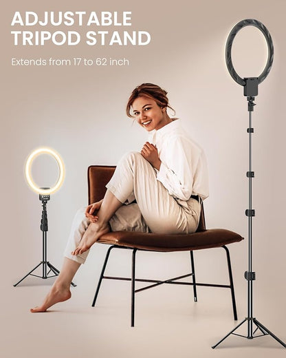 12'' Ring Light with 62'' Extendable Tripod Stand, Selfie Ring Light with Stand and 2 Phone Holder for Live Stream/Makeup/YouTube/TikTok, Compatible with All Phones, Ipads and Cameras (12inch)