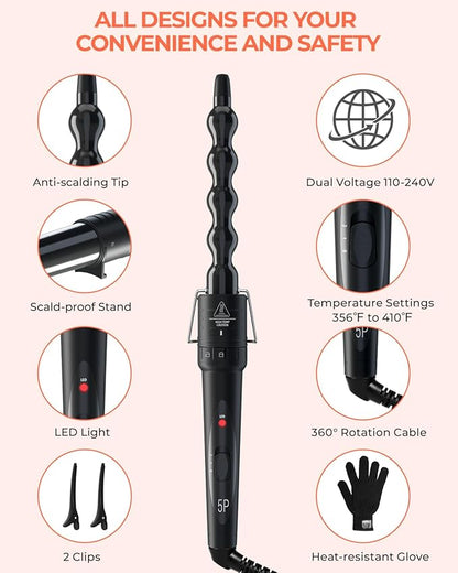 5 in 1 Curling Wand Set: Ohuhu Curling Iron Wand 5Pcs 0.35 to 1.25 Inch Interchangeable Ceramic Barrel Heat Protective Glove 2 Clips Dual Voltage Hair Curler for Girls Women Mother's Day Gift Black