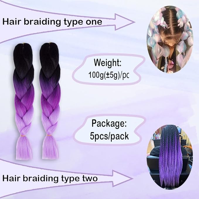 Ombre Braiding hair synthetic Crochet braids twist 24inch 5pcs/lot 100g Ombre two three tone Jumbo braid hair extensions Dreadlocks (black-purple-lavender)